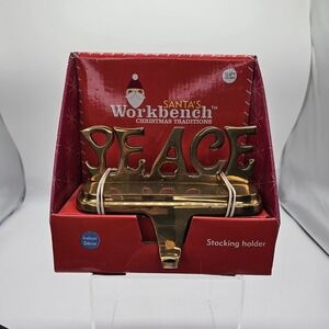Vintage Santa's Workbench Brass Peace Christmas Decor Stocking Hanger Holder NOS